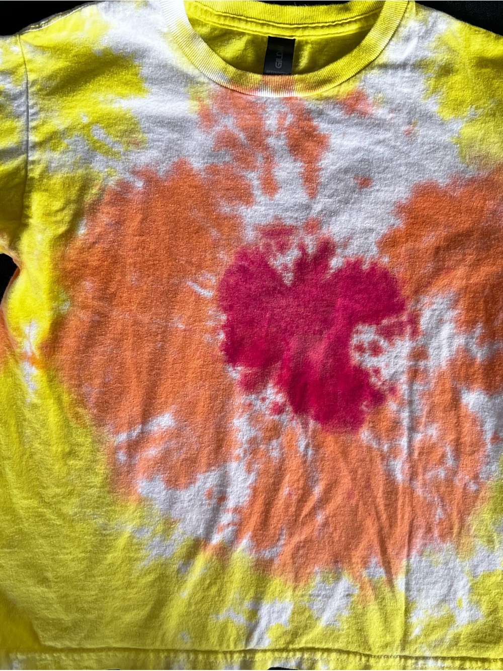 Gildan Yellow Tie-Dye Kids Tee with Orange and Pink Burst